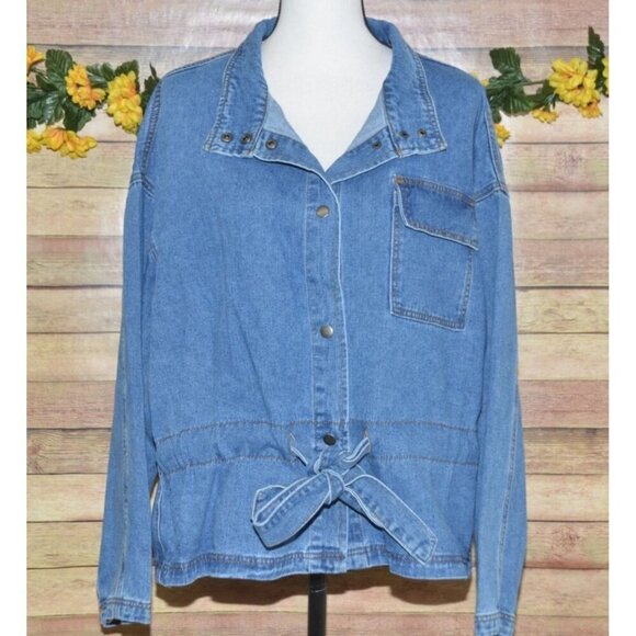 Wishlist Oversized Blue Denim Snap Button Front Jean Jacket Size S/M Belted - Picture 4 of 14